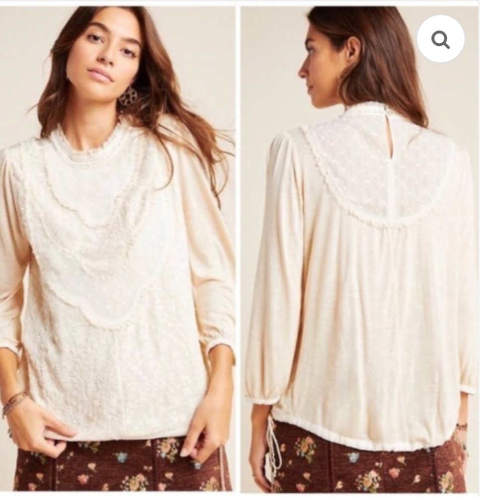 Anthropologie Tiny Finja Cream Lace Embroidered Blouse – Small Petite - boho